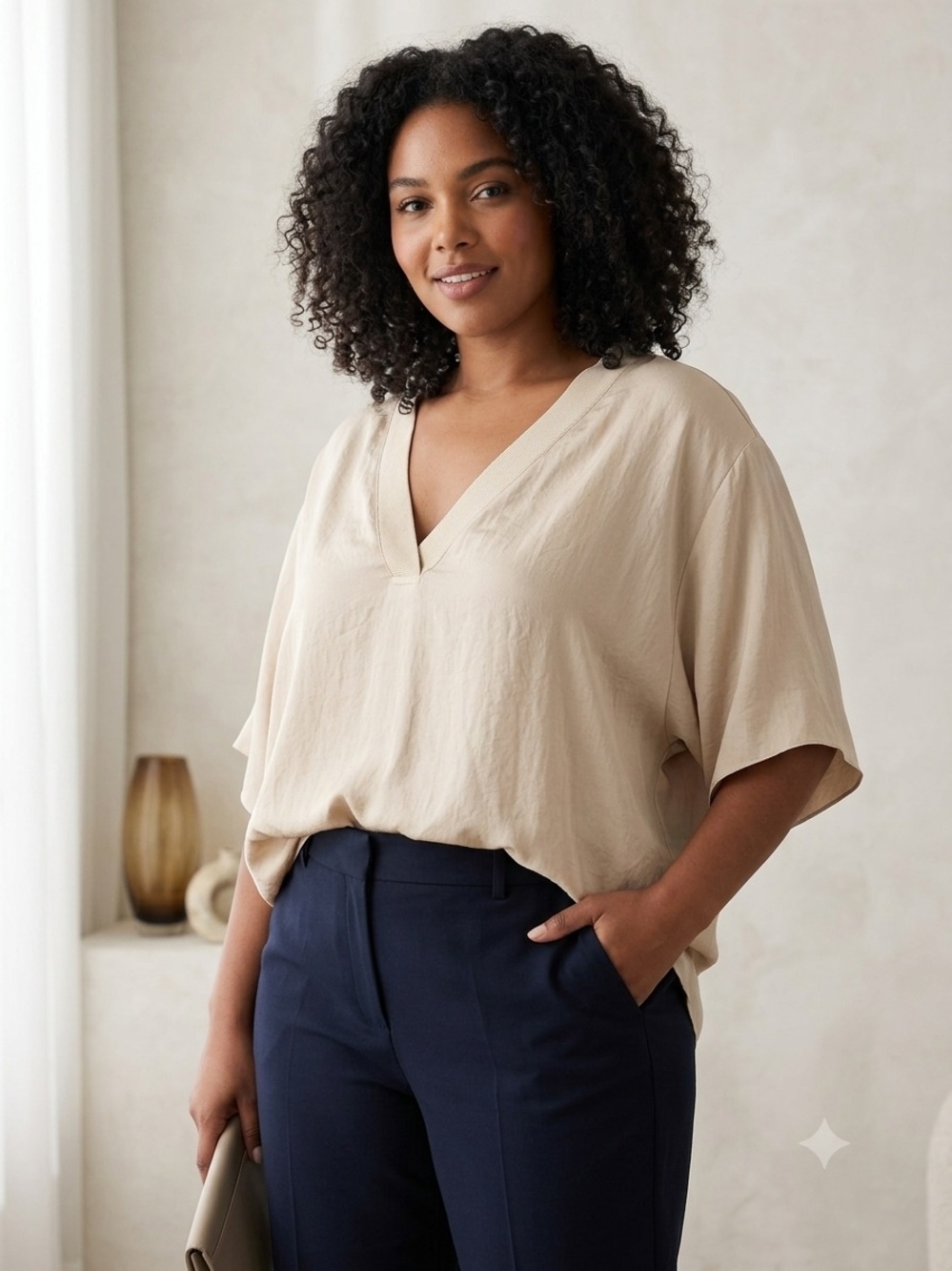 Vince Neutral V-Neck Dolman Blouse in Beige